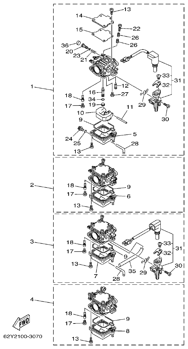 Yamaha F50DET, FT50CET CARBURETOR parts diagram